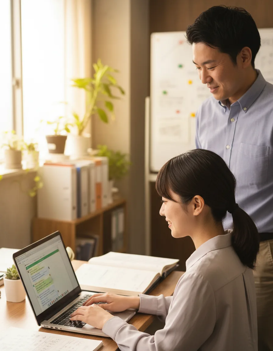 社員のPCでAIチャットを使う様子